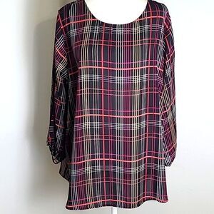 Cato Black Blouse with Red & White Lines & Cut-outs on the Sleeves,  Size 18/20W